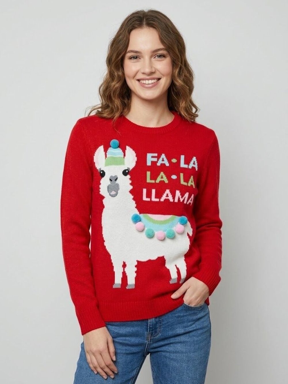 Imagin8  Fa La La Llama Red Christmas Sweater Womens M Pom Pom Crewneck NWT